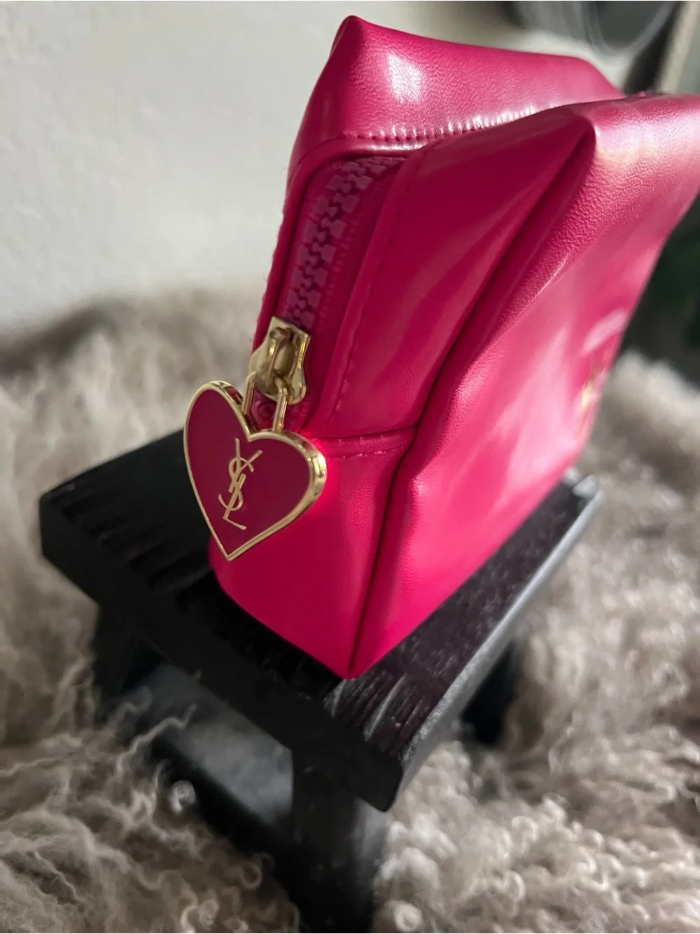 Yves Saint Laurent Hot Pink Cosmetic Pouch with Gold YSL Logo